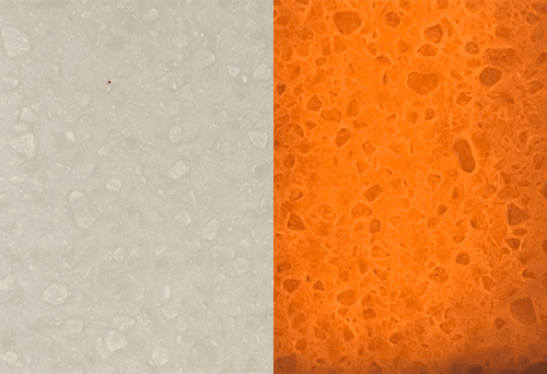 A split image showcases Hanex: Pegasus—on the left, a gray speckled surface like stone; on the right, lit with LED Light Panel, an orange sponge-like texture. This material transforms with light, making it ideal for backlighting. With controlled illumination, its amber hues become more pronounced or subtle.