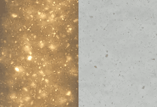 A split image of two surfaces: the left side is speckled with glowing, warm-toned flecks, resembling a golden terrazzo. The right side reveals backlit surfaces in a muted, light gray with subtle speckles, appearing smoother and less reflective.