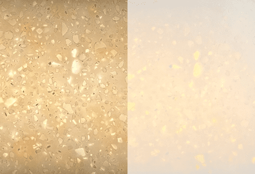 A split image showing two similar surfaces. The left side has a slightly speckled texture with small, irregularly-shaped, shiny flecks against a light brown background. The right side is smoother with a more subtle pattern and a softer, cream hue.